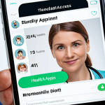 **

A digital health concept in Germany. Show a person using a smartphone app to schedule a telemedicine appointment with a doctor. In the background, depict various health apps icons and a friendly doctor on a video call. The overall tone is modern, convenient, and tech-savvy, highlighting the future of healthcare access. Include German context elements.