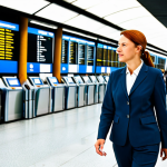 A professional female traveler in a modest business suit, walking purposefully through a spacious, modern German airport terminal like Frankfurt (FRA) or Munich (MUC). The scene is bustling with diverse travelers, featuring prominent multi-lingual signage pointing towards "Connections" and flight information screens. The atmosphere is efficient and well-organized, conveying a sense of smooth, yet complex, navigation. The subject maintains a focused, composed expression. fully clothed, appropriate attire, safe for work, perfect anatomy, correct proportions, natural pose, well-formed hands, proper finger count, natural body proportions, professional photography, high quality.