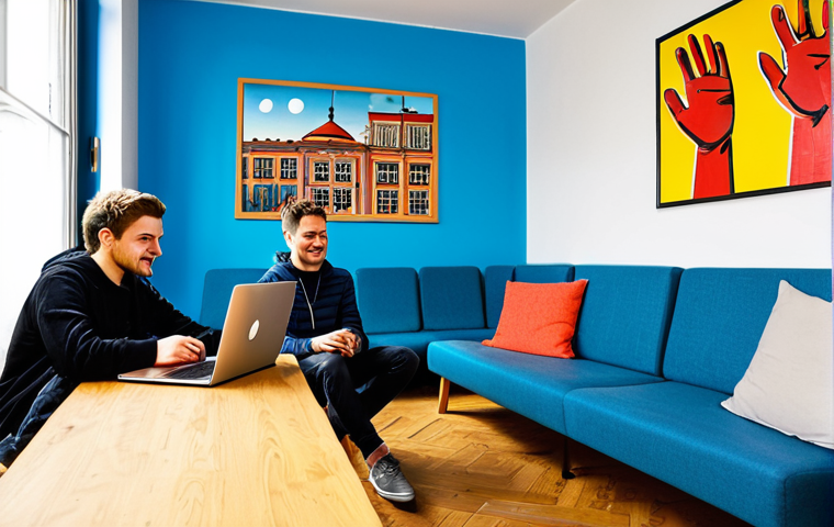 Stylish Hostel Common Area**
"A brightly lit, modern hostel common area in Berlin, Germany. Backpackers are casually interacting, some using laptops, others chatting. The space features comfortable seating, vibrant artwork, and a travel-themed mural. fully clothed, safe for work, appropriate content, professional photography, perfect anatomy, natural proportions, family-friendly, well-formed hands, proper finger count, natural body proportions."
**