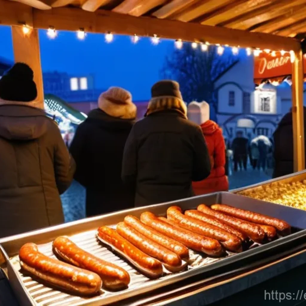 독일 소시지 종류 - **Prompt:** "A vibrant, bustling German Christmas market at twilight. In the foreground, a close-up ...