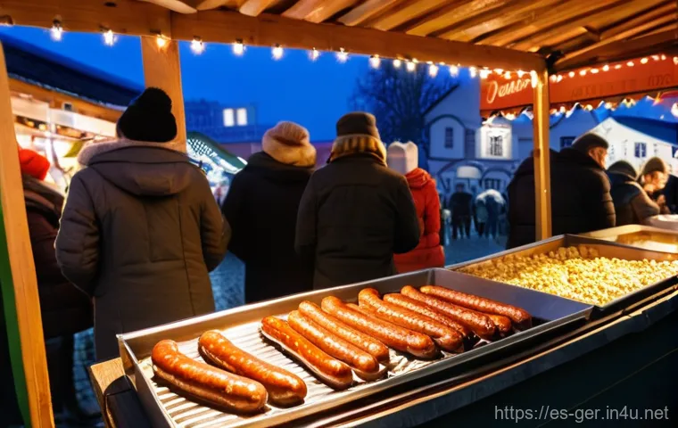 독일 소시지 종류 - **Prompt:** "A vibrant, bustling German Christmas market at twilight. In the foreground, a close-up ...