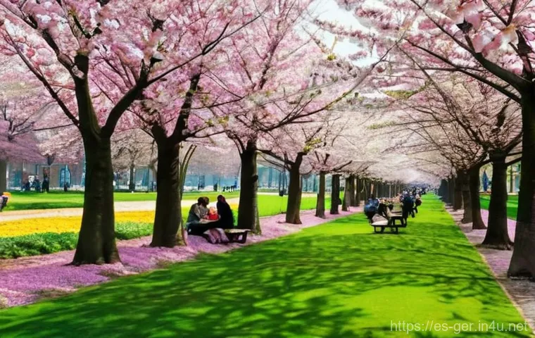 독일의 기후와 날씨 - **Vibrant Spring Awakening in a German City Park:** A picturesque wide shot of a bustling German cit...