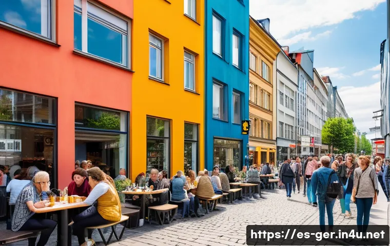 독일과 체코 여행 루트 추천 - A vibrant street scene in Berlin&rsquo;s Mitte district during a sunny afternoon, showcasing a blend of hi...
