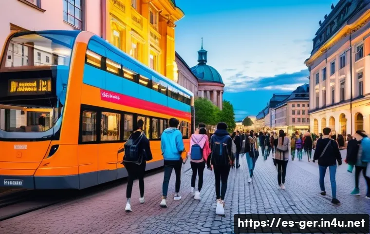 독일에서 유학하기 좋은 도시 - A vibrant urban scene in Berlin at dusk showcasing a diverse group of international university stude...