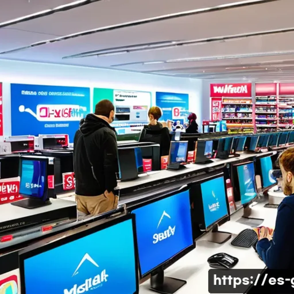 독일에서 전자제품 구매 시 고려할 점 - A modern electronics store interior in Germany during Black Friday sales, featuring colorful promoti...