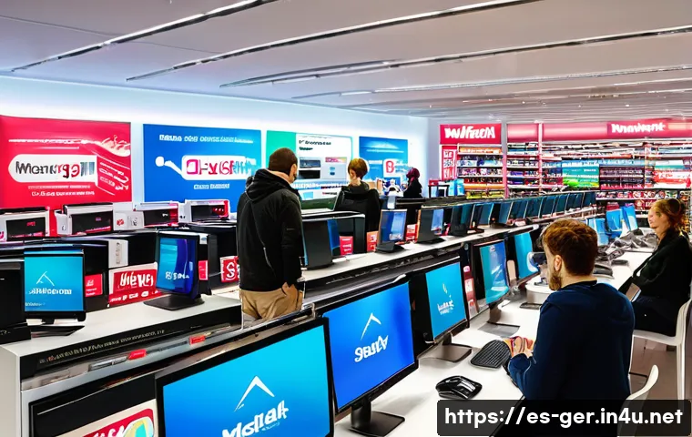독일에서 전자제품 구매 시 고려할 점 - A modern electronics store interior in Germany during Black Friday sales, featuring colorful promoti...