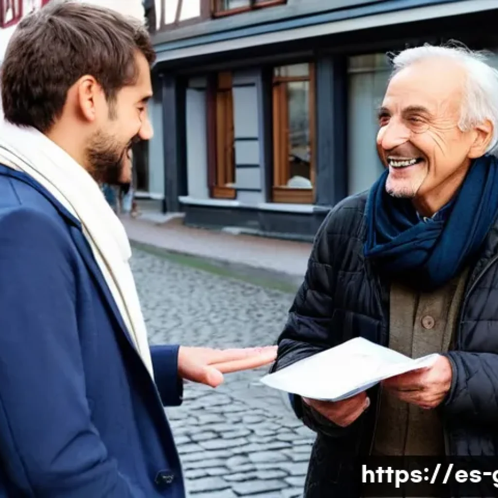 독일 관광 필수 회화 - A friendly scene in a bustling German city street where a polite Spanish-speaking traveler is confid...
