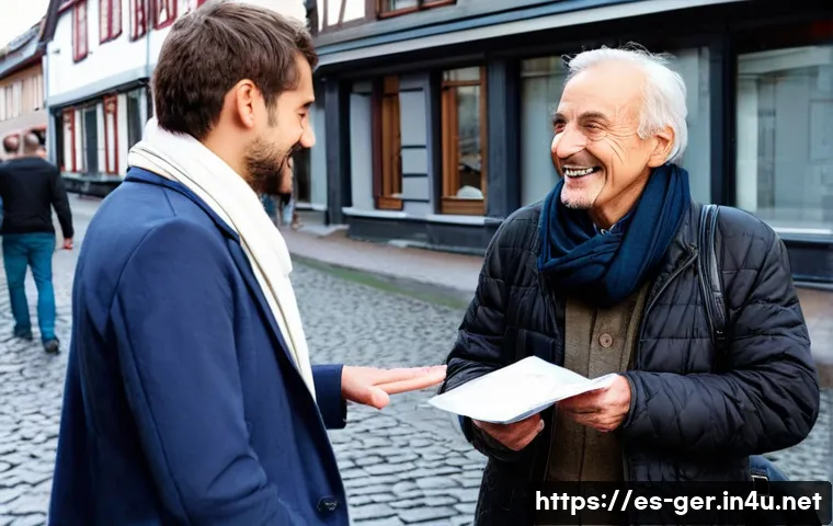 독일 관광 필수 회화 - A friendly scene in a bustling German city street where a polite Spanish-speaking traveler is confid...