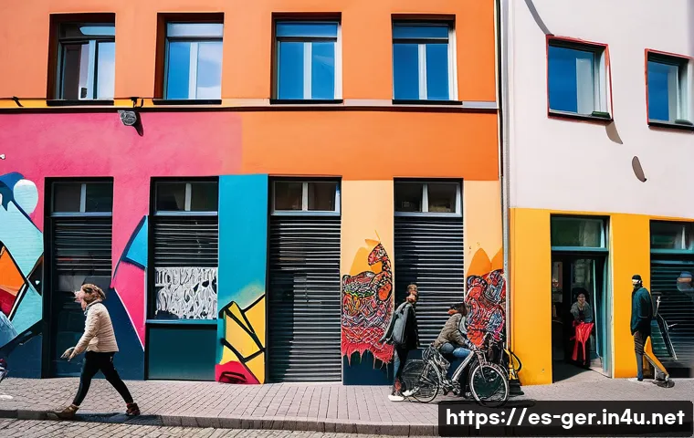 독일에서 예술가로 살아가기 - A vibrant street scene in Berlin’s Kreuzberg district showcasing a diverse group of contemporary art...