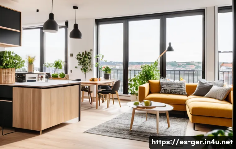 독일에서 한 달 생활비 예산 짜기 - A cozy shared apartment interior in a German city, showing a bright living room with modern Scandina...