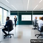 Home 22 독일 기업 취업 정보 - A modern German office environment showcasing a diverse group of professionals engaged in a collabor...