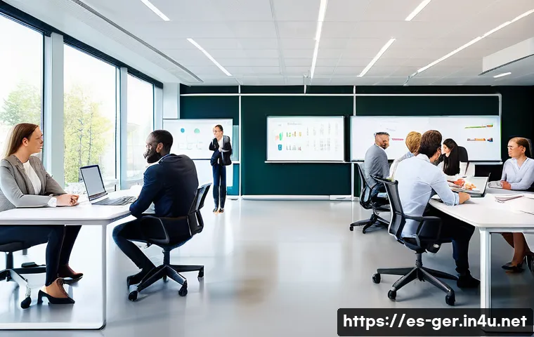 독일 기업 취업 정보 - A modern German office environment showcasing a diverse group of professionals engaged in a collabor...