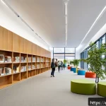 Home 19 독일 도서관 시스템 - A modern German public library interior featuring a spacious, bright, and accessible environment wit...