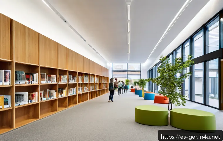 독일 도서관 시스템 - A modern German public library interior featuring a spacious, bright, and accessible environment wit...