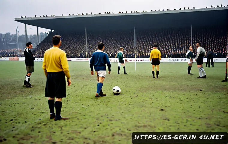 Home 17 독일 축구 리그 역사 - Photorealistic historical German football league scene in the early 1960s, players in plain vintage ...