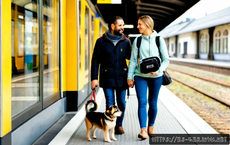 독일에서 강아지와 함께 여행하기 - Photorealistic Spanish couple traveling through Germany with their medium-sized dog on a leash, stan...