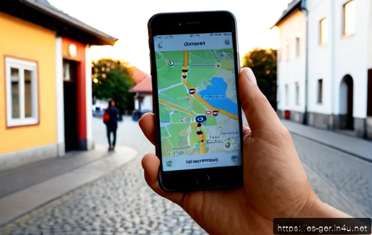 Home 17 독일에서 한식당 찾는 법 - Photorealistic Spanish-speaking traveler in Germany using a smartphone map with blank non-readable i...