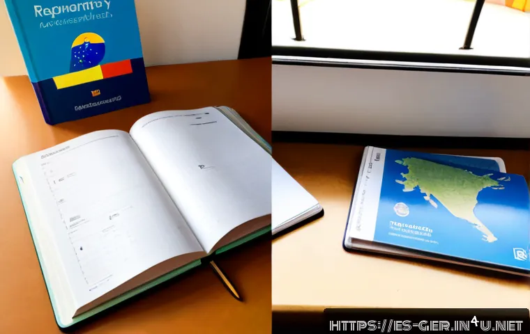 독일어와 영어 비교 - Photorealistic split-desk comparison scene for learning German and English, an open notebook with ab...