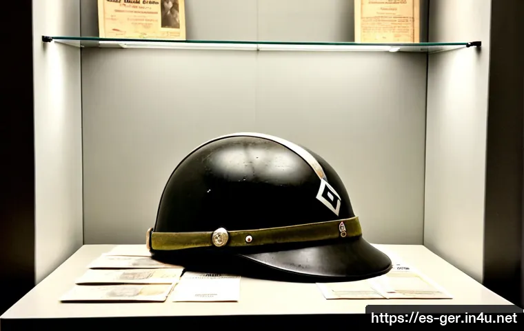 나치 독일 역사 - Photorealistic historical museum exhibit about Nazi Germany, glass display case with a worn 1940s mi...